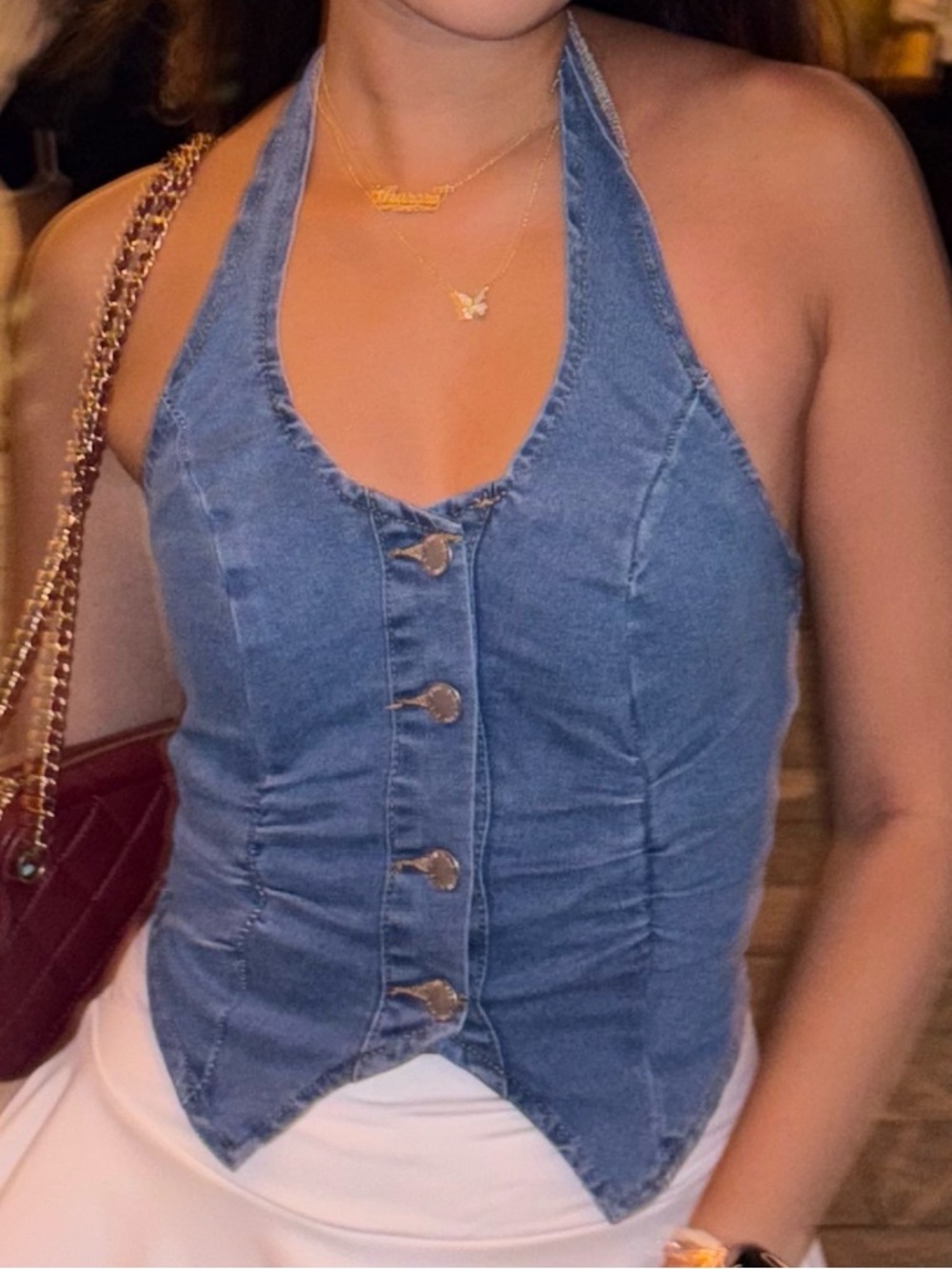 Denim Halter Button-Front Corset Top - Blue